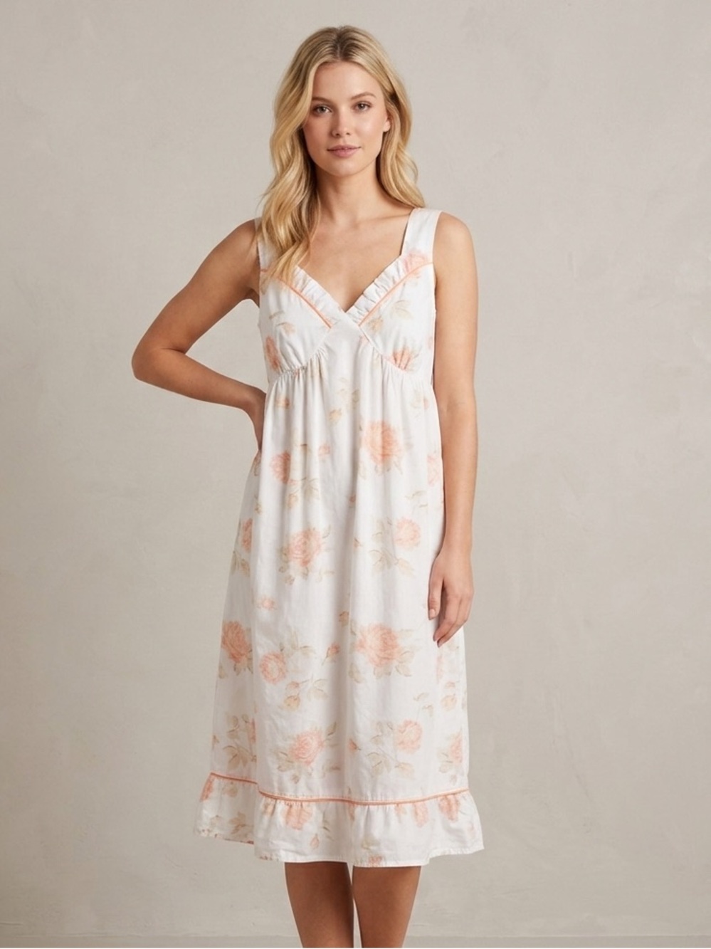 Victoria's Dream White Peach Floral Cotton Nightgown V Neck Midi M